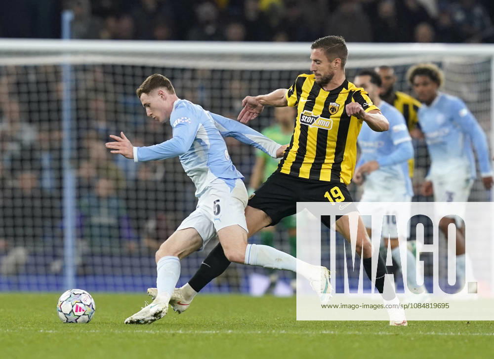 Manchester, England, 20th October 2026. Elliot Anderson of Manchester City tackled by Barnabas Varga of AEK Athens during the Manchester City vs AEK Athens UEFA Champions League match at the Etihad Stadium, Manchester. Picture credit should read: Andrew Yates Sportimage . SPI_030_AY_ManCity__Athens SPI-5090-0030