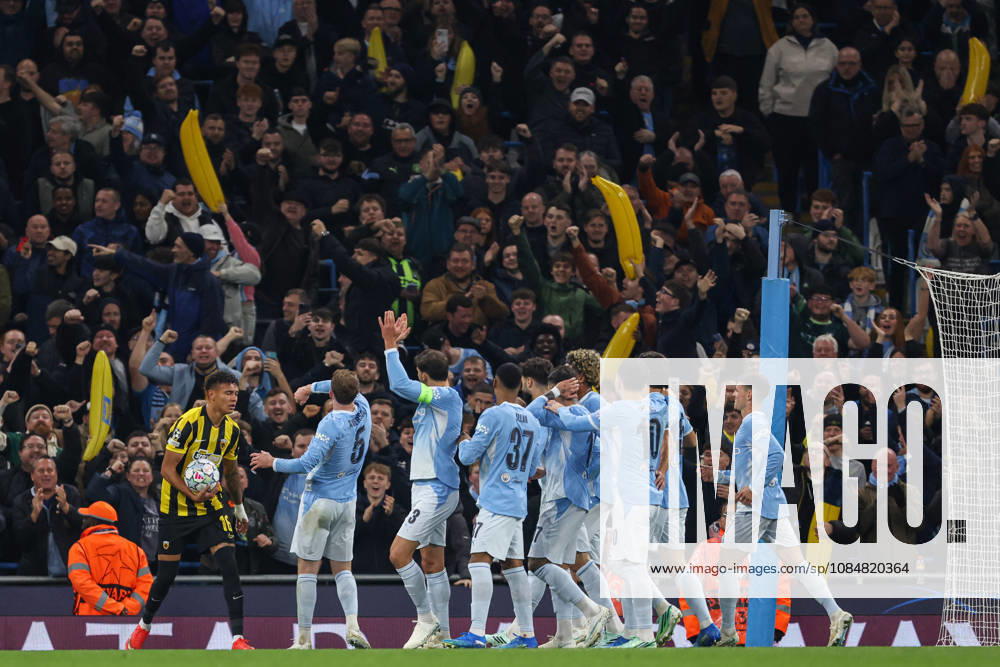 20th October 2026; Etihad Stadium, Manchester, England; UEFA Champions League Football, Manchester City versus AEK Athens; Elliot Anderson of Manchester City celebrates with teammates after scoring in the 12th minute to make the score 1-0 AidanxHunter