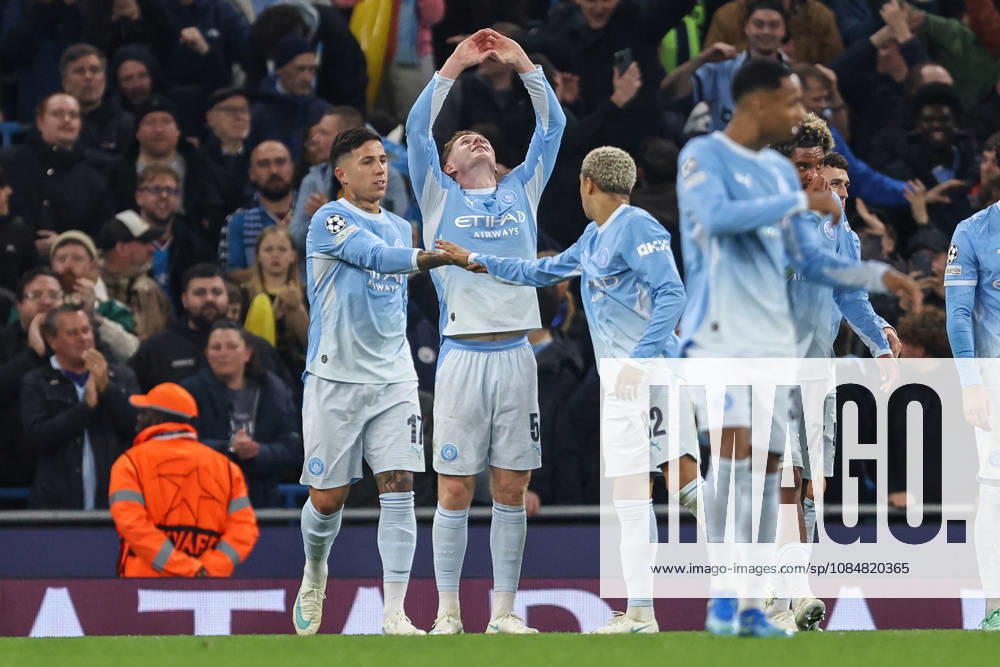 20th October 2026; Etihad Stadium, Manchester, England; UEFA Champions League Football, Manchester City versus AEK Athens; Elliot Anderson of Manchester City celebrates with teammates after scoring in the 12th minute to make the score 1-0 AidanxHunter