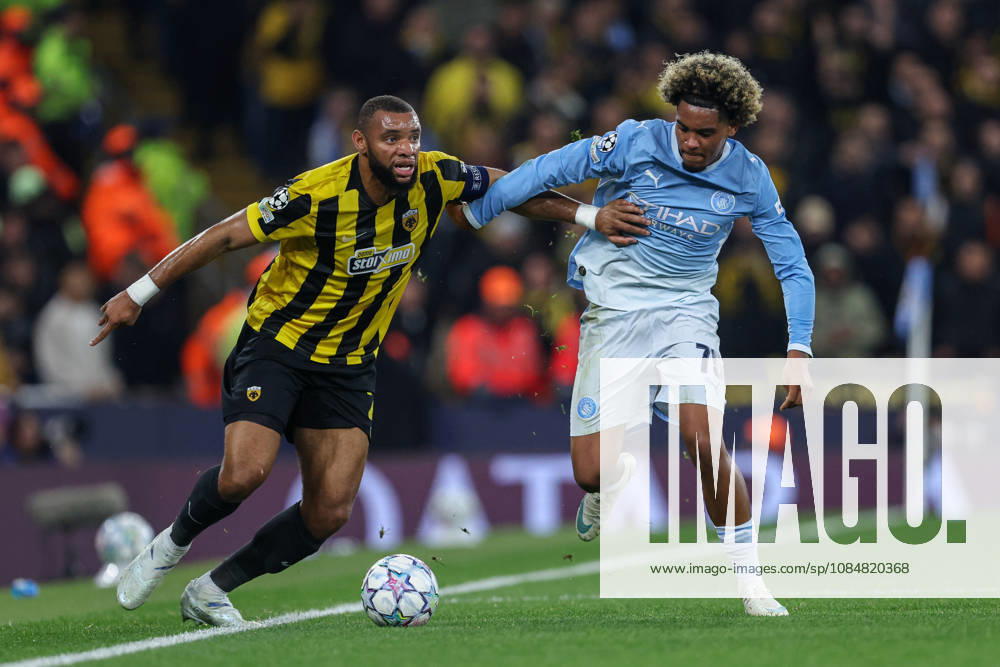 20th October 2026; Etihad Stadium, Manchester, England; UEFA Champions League Football, Manchester City versus AEK Athens; Floyd Samba of Manchester City tackles Harold Moukoudi of AEK Athens AidanxHunter