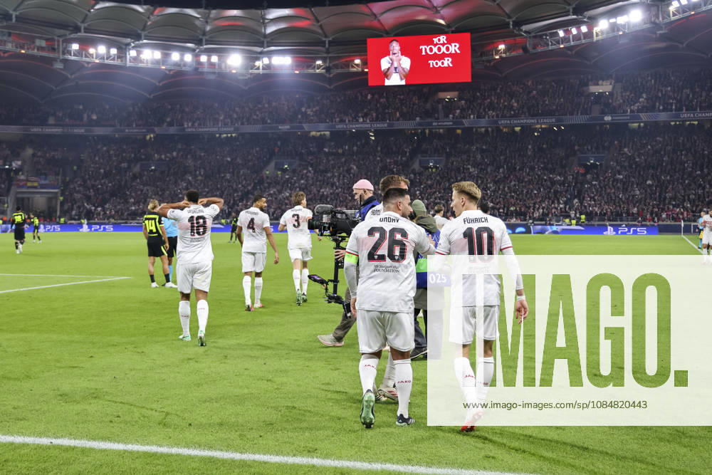 Torjubel VfB Stuttgart beim 1:0 durch Jamie Leweling (VfB Stuttgart, 18), Freude, Begeisterung, positive Emotionen, Torerfolg , Deutschland, Fussball, UEFA Champions League, 3. Spieltag, 2026 2027, VfB Stuttgart vs. Atletico Madrid, 20.10.2026, Stuttgart Arena Stuttgart Deutschland