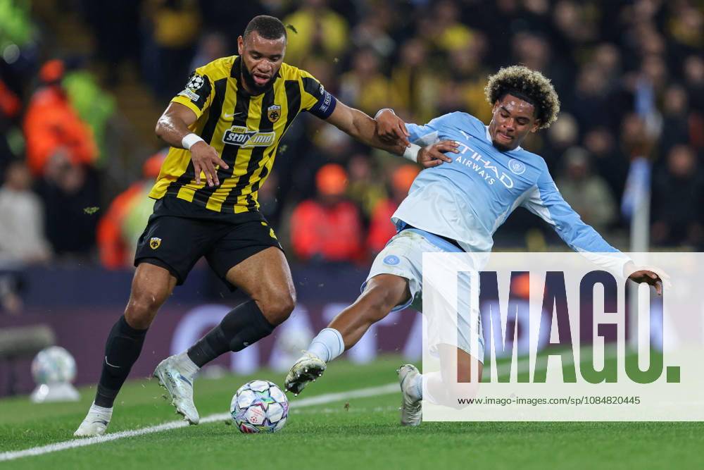 20th October 2026; Etihad Stadium, Manchester, England; UEFA Champions League Football, Manchester City versus AEK Athens; Floyd Samba of Manchester City tackles Harold Moukoudi of AEK Athens AidanxHunter