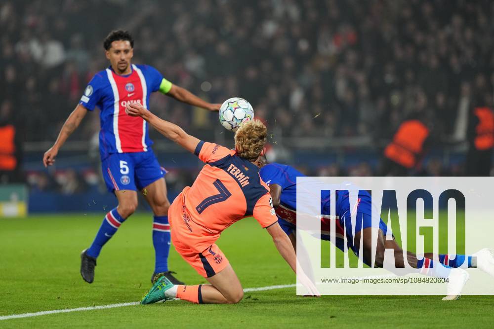 Fermin Lopez of Barcelona sees his goalbound effort blocked by Willian Pacho of PSG Paris Saint-Germain v Barcelona, UEFA Champions League, Football, Parc des Princes, Paris, France - 20 Oct 2026Paris Parc des Princes France