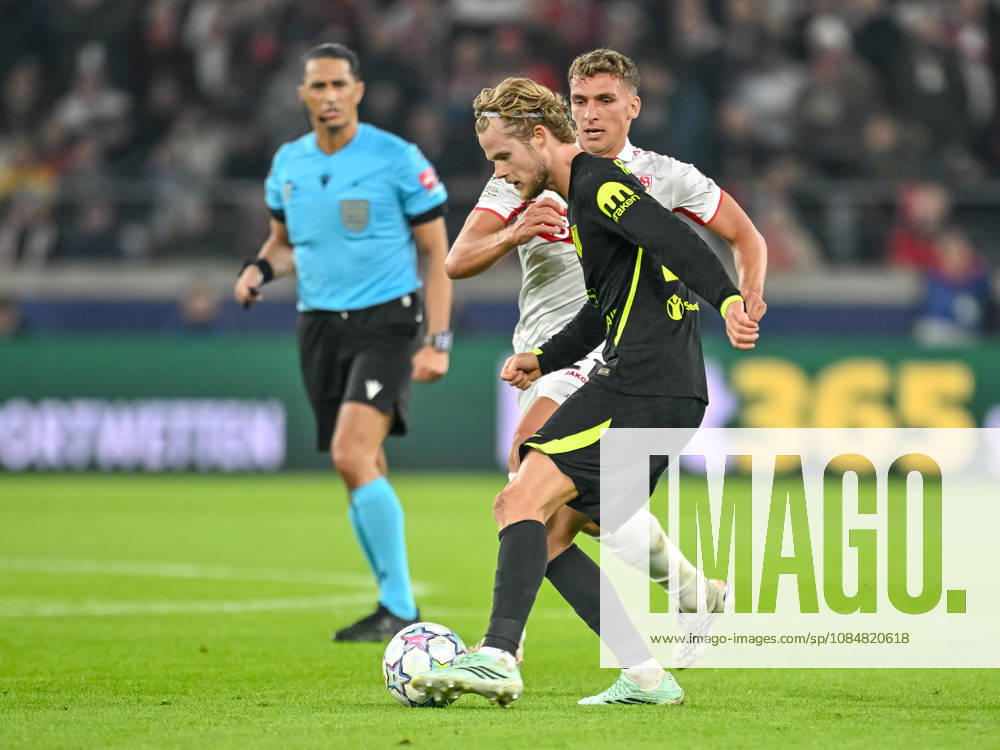 Morten Hjulmand (Atletico Madrid) and Grischa Proemel (VfB Stuttgart) battle for the ball during the UEFA Champions League 2026 2027 match between Stuttgart and Atlético de Madrid at Arena Stuttgart on October 20, 2026 in Stuttgart, Germany. (Photo by Harry Langer DeFodi Images) -