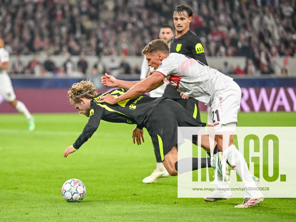Morten Hjulmand (Atletico Madrid) and Grischa Proemel (VfB Stuttgart) battle for the ball during the UEFA Champions League 2026 2027 match between Stuttgart and Atlético de Madrid at Arena Stuttgart on October 20, 2026 in Stuttgart, Germany. (Photo by Harry Langer DeFodi Images) -