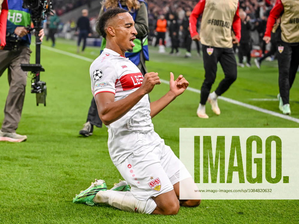 Jamie Leweling (VfB Stuttgart) celebrates after scoring his team s first goal during the UEFA Champions League 2026 2027 match between Stuttgart and Atlético de Madrid at Arena Stuttgart on October 20, 2026 in Stuttgart, Germany. (Photo by Harry Langer DeFodi Images) -