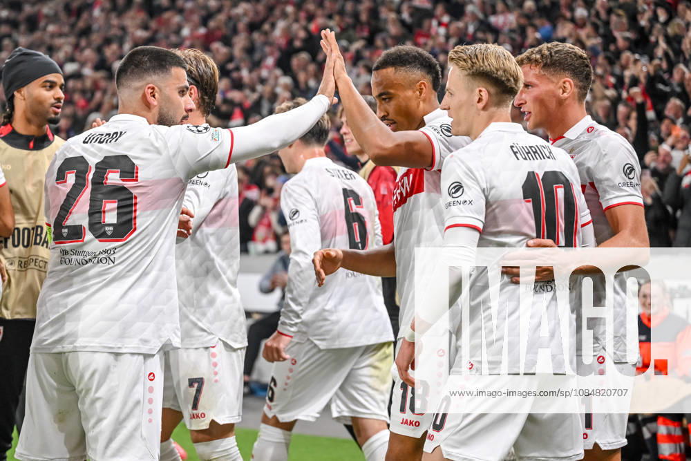 Jamie Leweling (VfB Stuttgart) celebrates after scoring his team s first goal with teammates during the UEFA Champions League 2026 2027 match between Stuttgart and Atlético de Madrid at Arena Stuttgart on October 20, 2026 in Stuttgart, Germany. (Photo by Harry Langer DeFodi Images) -