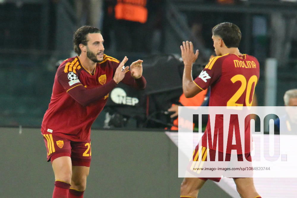 20th October 2026; Stadio Olimpico, Rome, Italy; UEFA Champions League Football, Roma versus Slovan Bratislava; Mario Hermoso of Roma celebrates with his teammate Nahuel Molina of Roma after scoring the 1-0 goal AllShotLive