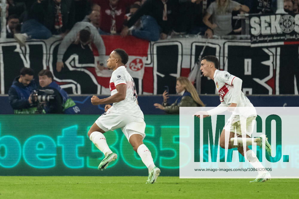 GER, Fussball, Herren, UEFA Champions League, Saison 2026 2027, 3. Spieltag, VfB Stuttgart vs. Atletico Madrid Tor zum 1:0 durch Jamie Leweling ( VfB Stuttgart 18 ) Jubel, Torjubel, bejubelt sein Tor mit Bilal El Khannouss ( VfB Stuttgart, 11 ). Stuttgart MHP Arena Baden-Württemberg Deutschland