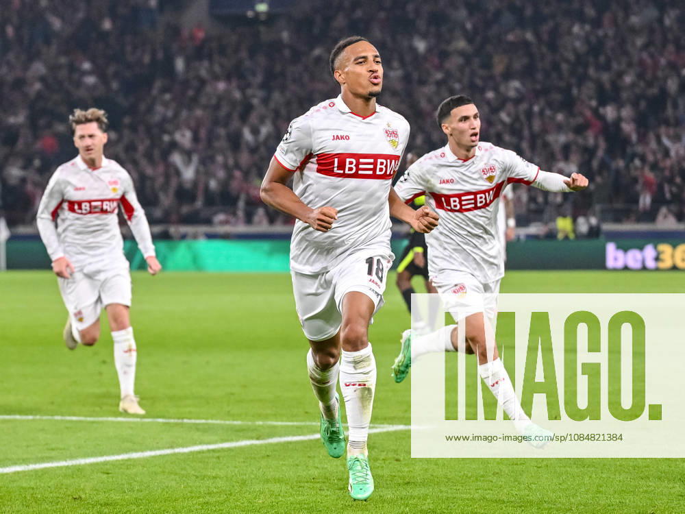 Jamie Leweling (VfB Stuttgart) celebrates after scoring his team s first goal during the UEFA Champions League 2026 2027 match between Stuttgart and Atlético de Madrid at Arena Stuttgart on October 20, 2026 in Stuttgart, Germany. (Photo by Harry Langer DeFodi Images) -