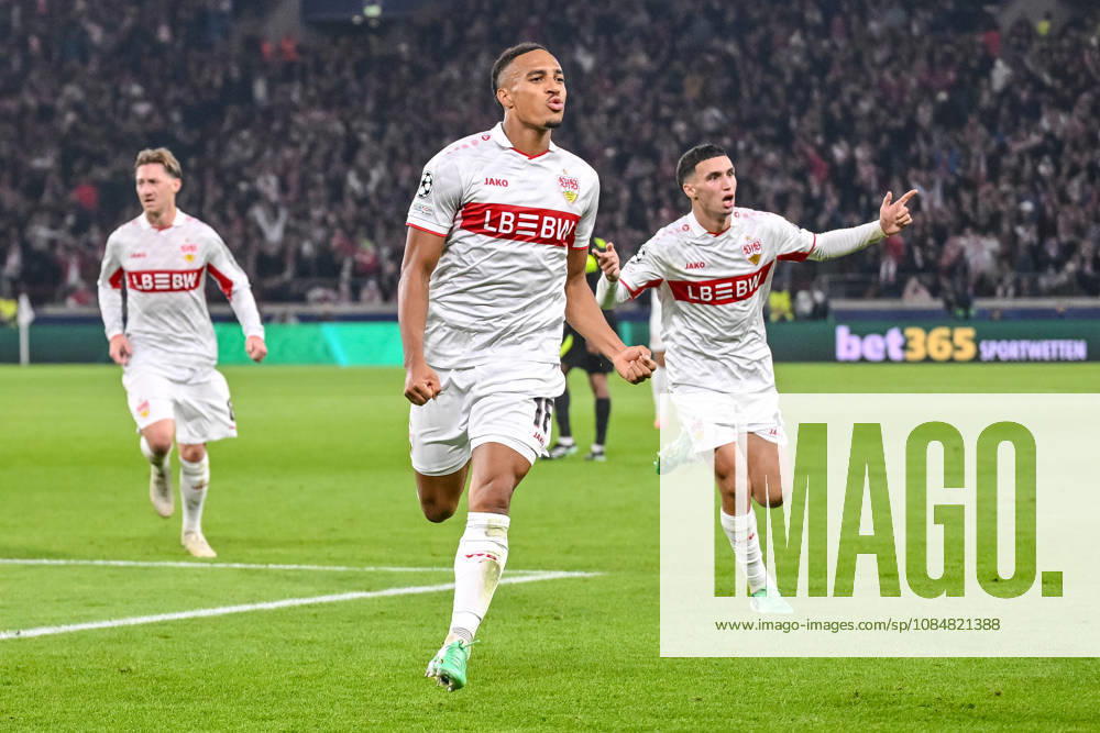 Jamie Leweling (VfB Stuttgart) celebrates after scoring his team s first goal during the UEFA Champions League 2026 2027 match between Stuttgart and Atlético de Madrid at Arena Stuttgart on October 20, 2026 in Stuttgart, Germany. (Photo by Harry Langer DeFodi Images) -