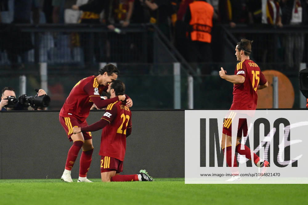 20th October 2026; Stadio Olimpico, Rome, Italy; UEFA Champions League Football, Roma versus Slovan Bratislava; Mario Hermoso of Roma celebrates after scoring the goal for 1-0 DomenicoxCippitelli