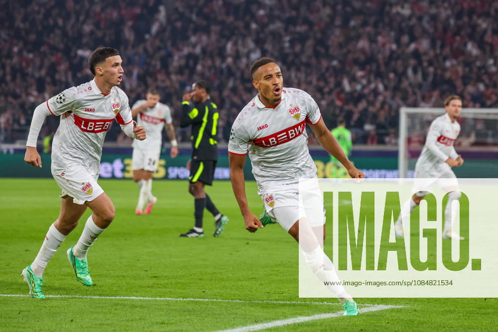 VfB Stuttgart - Atletico Madrid Deutschland, Stuttgart, 20.10.2026, Fussball, UEFA Champions League, Saison 2026 2027, VfB Stuttgart - Atletico Madrid: v.l. Bilal El Khannouss, Jamie Leweling (beide VfB Stuttgart); Jubel Tor 1:0 Leweling.