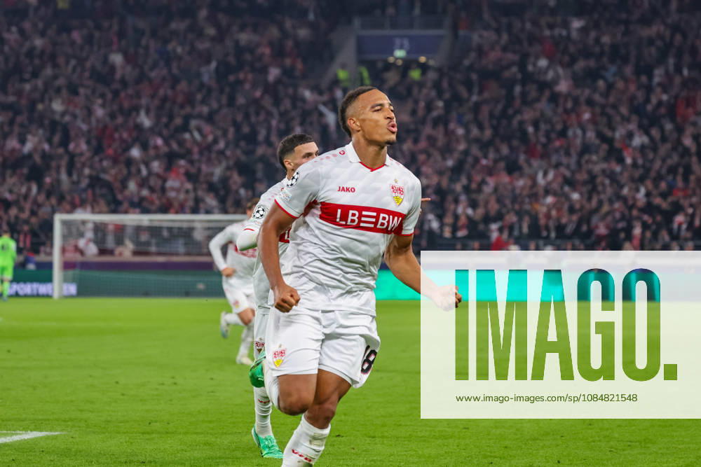 VfB Stuttgart - Atletico Madrid Deutschland, Stuttgart, 20.10.2026, Fussball, UEFA Champions League, Saison 2026 2027, VfB Stuttgart - Atletico Madrid: Jamie Leweling (VfB Stuttgart); Jubel Tor 1:0 Leweling.