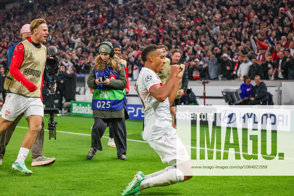VfB Stuttgart - Atletico Madrid Deutschland, Stuttgart, 20.10.2026, Fussball, UEFA Champions League, Saison 2026 2027, VfB Stuttgart - Atletico Madrid: Jamie Leweling (VfB Stuttgart); Jubel Tor 1:0 Leweling.