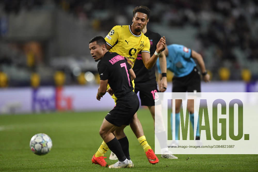 Sabah FC v Borussia Dortmund - UEFA Champions League 2026 27 League Phase MD3 BAKU, AZERBAIJAN - OCTOBER 20: Carney Chukwuemeka of Borussia Dortmund and Umarali Rakhmonaliev of Sabah FC are seen during the UEFA Champions League 2026 27 League Phase MD3 match between Sabah FC and Borussia Dortmund at Tofig Bahramov Stadium on October 20, 2026 in Baku, Azerbaijan. Baku Tofig Bahramov Stadium Azerbaijan
