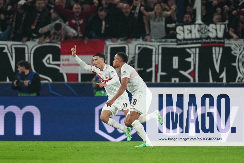 Jamie Leweling (VFB Stuttgart) scores and celebrates his teams first goal during VfB Stuttgart and Atlético Madrid, League Phase UEFA Champions League, at MHPArena, Stuttgart, Germany on October 20, 2026. DeFodi Images. -