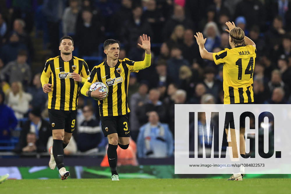 Manchester City v AEK Athens, Champions League Stavros Pilios (3) of AEK Athens celebrates scoring to make it 2-1 during the Champions League match between Manchester City and AEK Athens at the Etihad Stadium, Manchester, UK on 20 October 2026. Manchester Etihad Stadium Manchester UK Editorial use only ,