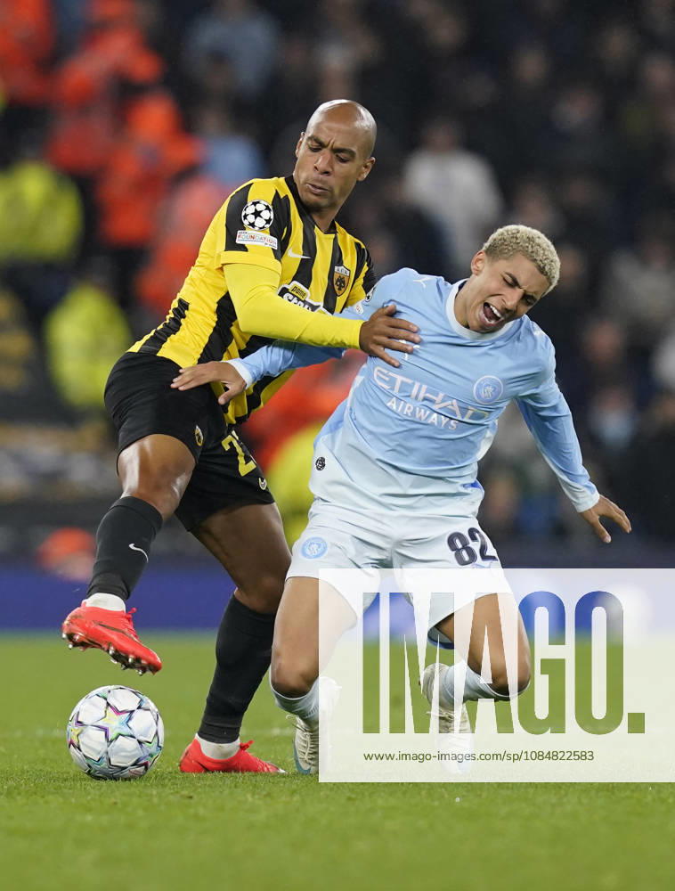 Manchester, England, 20th October 2026. Joao Mario of AEK Athens tackles Rico Lewis of Manchester City during the Manchester City vs AEK Athens UEFA Champions League match at the Etihad Stadium, Manchester. Picture credit should read: Andrew Yates Sportimage . SPI_036_AY_ManCity__Athens SPI-5090-0036
