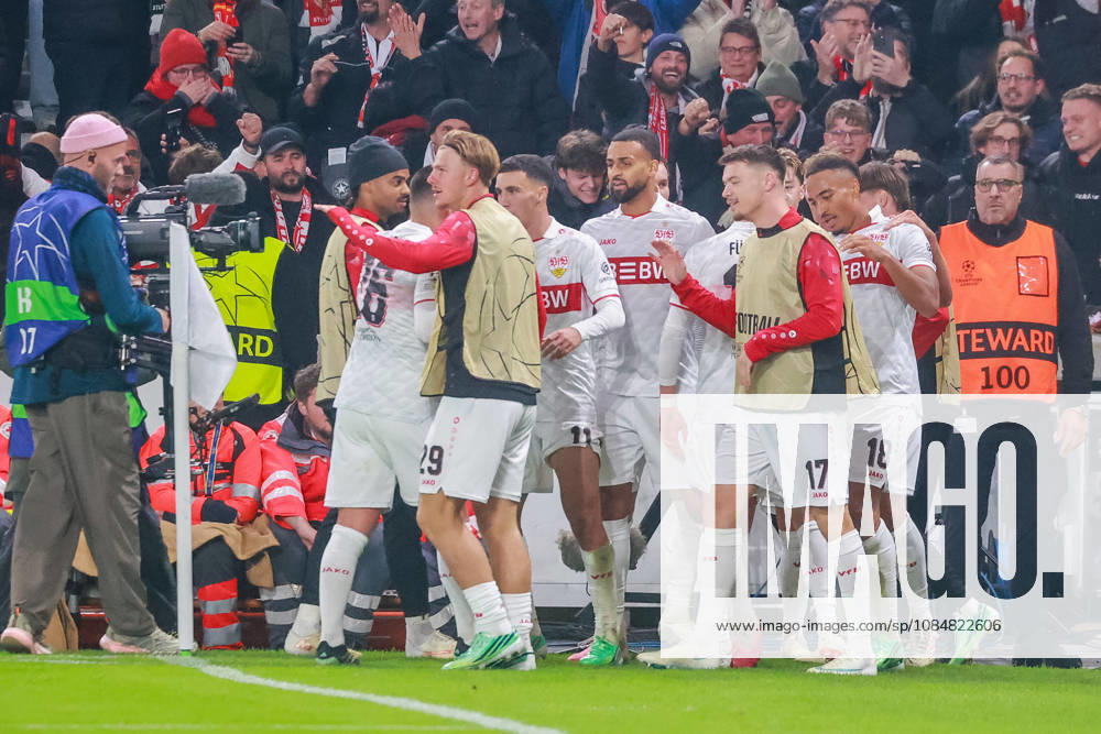 VfB Stuttgart - Atletico Madrid Deutschland, Stuttgart, 20.10.2026, Fussball, UEFA Champions League, Saison 2026 2027, VfB Stuttgart - Atletico Madrid: Jamie Leweling (VfB Stuttgart), Jubel Tor 1:0 Leweling.