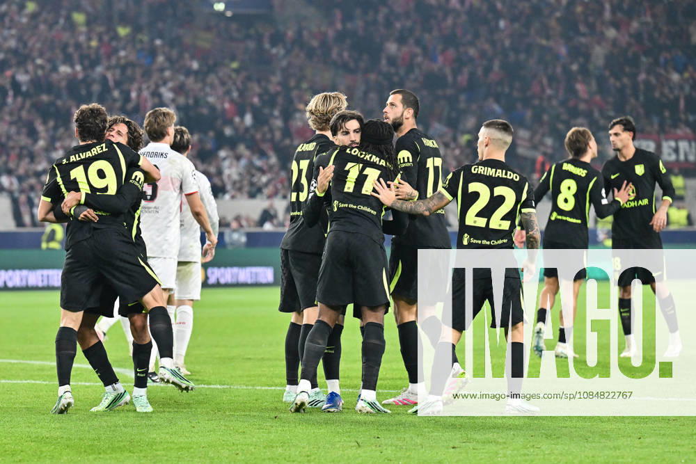 STUTTGART, GERMANY; 20. OCTOBER: Atletico celebrate the goal to make it 1-1 by Julian ALVAREZ (Atletico Madrid 19) Tor Torschuetze Freude Happy during the UEFA Champions League Match between VfB Stuttgart vs. Atletico Madrid at Matchday 3 at MHP Arena