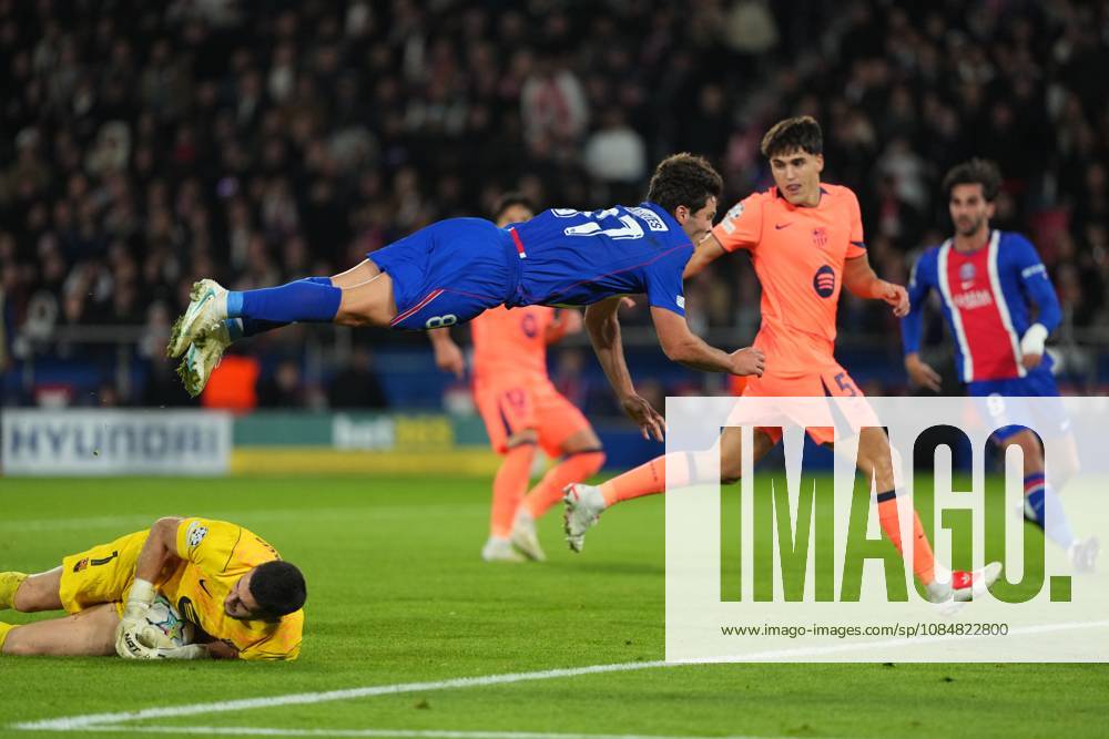 Joan Garcia of Barcelona saves at the feet of Joao Neves of PSG Paris Saint-Germain v Barcelona, UEFA Champions League, Football, Parc des Princes, Paris, France - 20 Oct 2026Paris Parc des Princes France