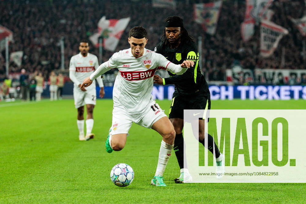 Bilal El Khannouss (VfB Stuttgart, 11) controls the ball against Ademola Lookman (Atletico de Madrid, 11) during the UEFA Champions League match between VfB Stuttgart vs. Atletico de Madrid at Arena Stuttgart on matchday 3 of the UEFA Champions League on October 20, 2026 in Stuttgart, Germany. Baden-Wuerttemberg Germany