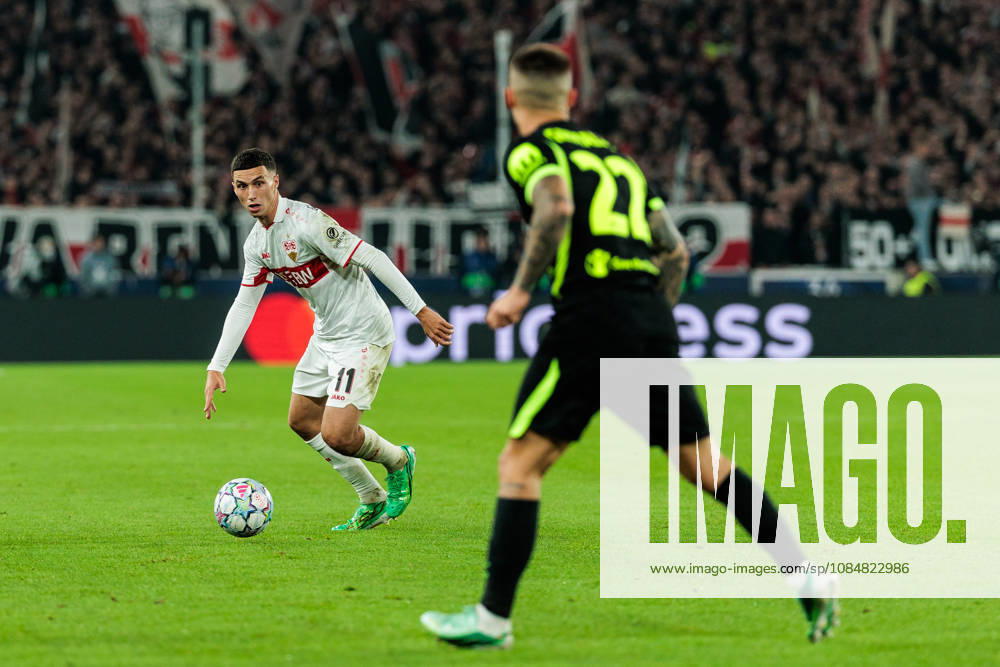 Bilal El Khannouss (VfB Stuttgart, 11) controls the ball against Lituba (Atletico de Madrid, 27) during the UEFA Champions League match between VfB Stuttgart vs. Atletico de Madrid at Arena Stuttgart on matchday 3 of the UEFA Champions League on October 20, 2026 in Stuttgart, Germany. Baden-Wuerttemberg Germany