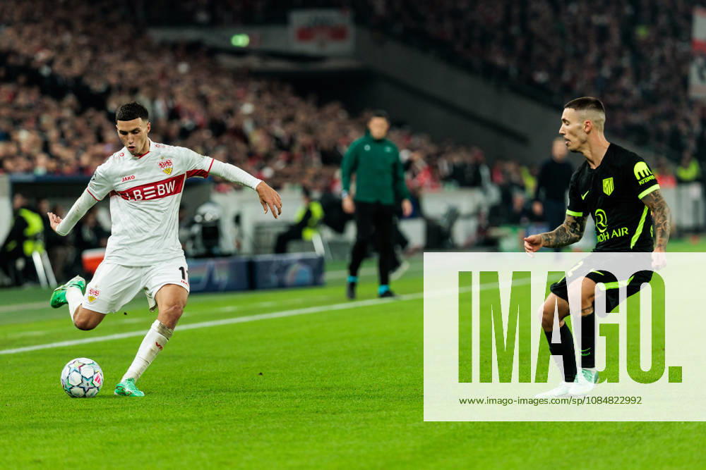 Bilal El Khannouss (VfB Stuttgart, 11) controls the ball against Alejandro Grimaldo (Atletico de Madrid, 22) during the UEFA Champions League match between VfB Stuttgart vs. Atletico de Madrid at Arena Stuttgart on matchday 3 of the UEFA Champions League on October 20, 2026 in Stuttgart, Germany. Baden-Wuerttemberg Germany
