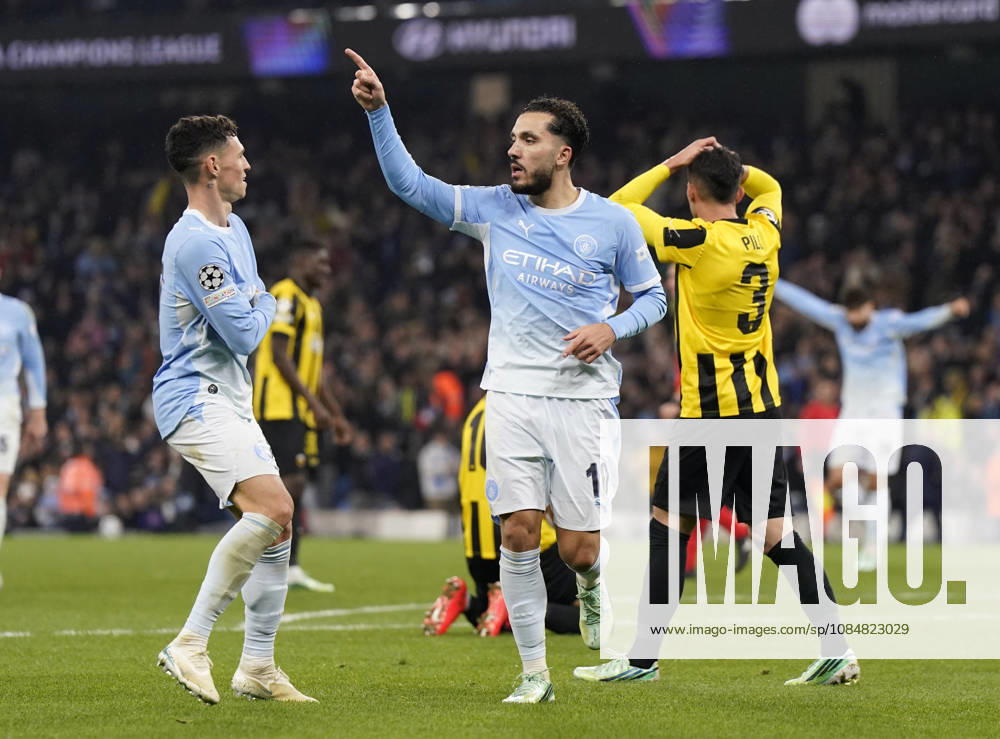 Manchester, England, 20th October 2026. Rayan Cherki of Manchester City (r) celebrates scoring their third goal (3-1) during the Manchester City vs AEK Athens UEFA Champions League match at the Etihad Stadium, Manchester. Picture credit should read: Andrew Yates Sportimage . SPI_042_AY_ManCity__Athens SPI-5090-0042