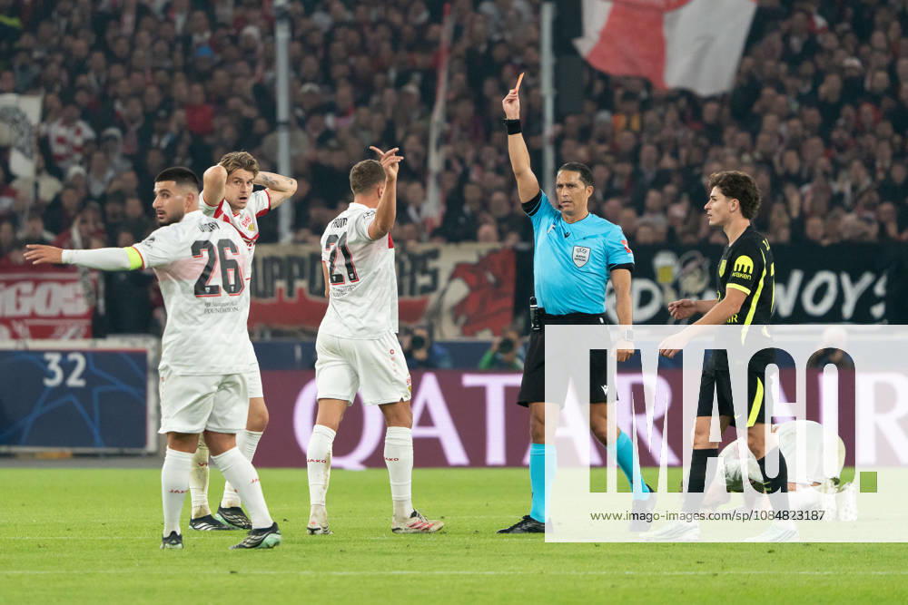 Serdar Gözübüyük (NED, Schiedsrichter) zeigt Morten Hjulmand (Atletico Madrid, 23) die rote Karte nach einem Foul an Angelo Stiller (VfB Stuttgart, 06), GER, VfB Stuttgart vs. Atlà tico Madrid, Fussball, UEFA Champions League, Spieltag 3, Spielzeit 2026 2027, 20.10.2026, GER, VfB Stuttgart vs. Atlà tico Madrid, Fussball, UEFA Champions League, Spieltag 3, Spielzeit 2026 2027, 20.10.2026, Stuttgart