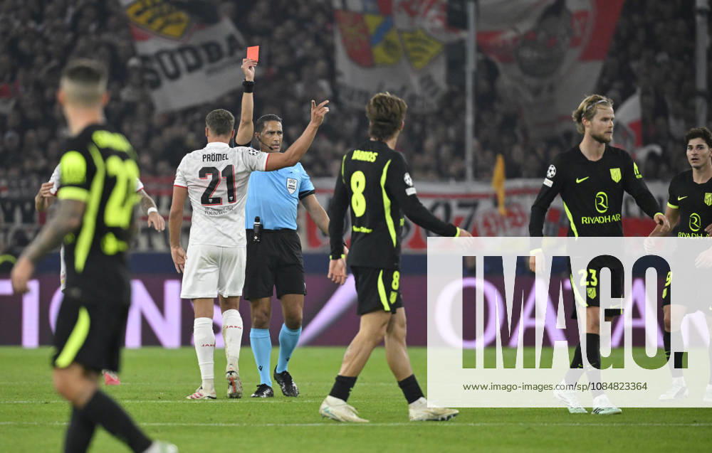 Schiedsrichter Referee Serdar Goezuebueyuek (NED) zeigt Morten Hjulmand Atletico de Madrid (23) rote Karte rot Platzverweis fuer grobes Foulspiel Champions League VfB Stuttgart vs Atletico Madrid 20.10.2026 DFL REGULATIONS PROHIBIT ANY USE OF PHOTOGRAPHS AS IMAGE SEQUENCES AND OR QUASI-VIDEO Champions League VfB Stuttgart vs Atletico Madrid