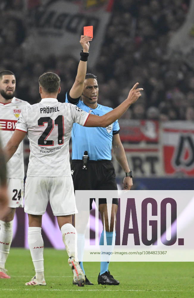 Schiedsrichter Referee Serdar Goezuebueyuek (NED) zeigt Morten Hjulmand Atletico de Madrid (23) (nicht im Bild) rote Karte rot Platzverweis fuer grobes Foulspiel Champions League VfB Stuttgart vs Atletico Madrid 20.10.2026 DFL REGULATIONS PROHIBIT ANY USE OF PHOTOGRAPHS AS IMAGE SEQUENCES AND OR QUASI-VIDEO Champions League VfB Stuttgart vs Atletico Madrid