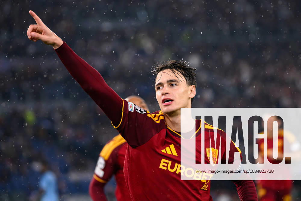 Niccolo Pisilli of AS Roma celebrates after scoring the goal of 3-0 during the UEFA Champions League 2026 2027 football match between AS Roma and Slovan Bratislava at Stadio Olimpico in Rome (Italy), October 20, 2026. AndreaxStaccioli
