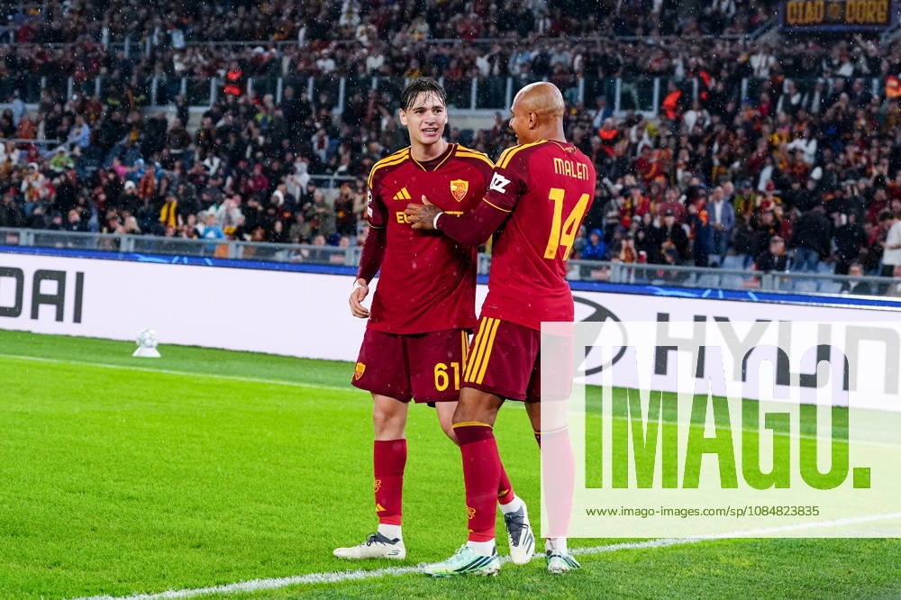 AS Roma v SK Slovan Bratislava - UEFA Champions League 2026 27 League Phase MD3 Niccolo Pisilli of AS Roma celebrates with Donyell Malen after scoring third goal during the AS Roma v SK Slovan Bratislava. - UEFA Champions League 2026 27 League Phase MD3 at Stadio Olimpico on October 20, 2026 in Rome, Italy Rome Stadio Olimpico Lazio Italy