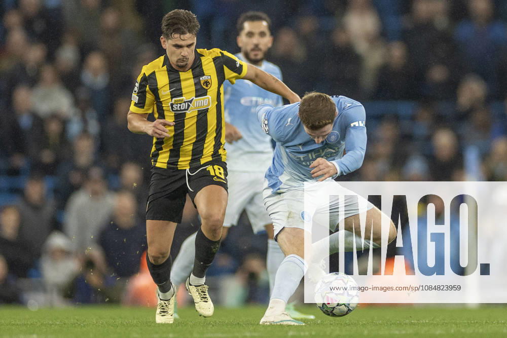 Manchester City v AEK Athens - UEFA Champions League 2026 27 League Phase MD3 Elliot Anderson 5 of Manchester City F.C. is challenged by Razvan Marin 18 of AEK Athens F.C. during the UEFA Champions League Stage match between Manchester City and AEK Athens at the Etihad Stadium in Manchester, on October 20, 2026. Manchester Manchester United, ManU Kingdom