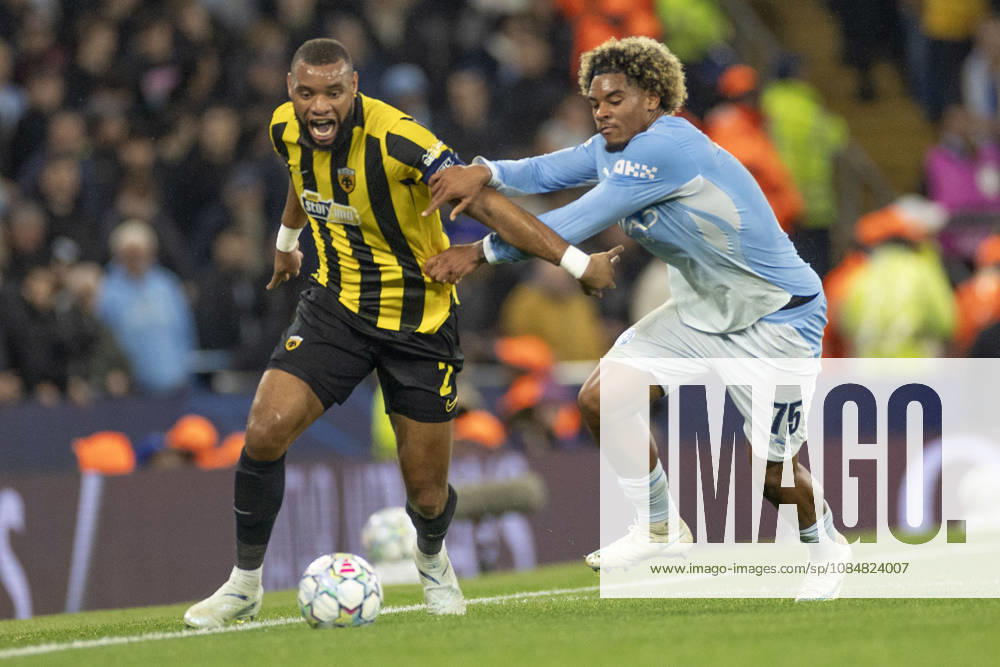 Manchester City v AEK Athens - UEFA Champions League 2026 27 League Phase MD3 Harold Moukoudi 2 of AEK Athens F.C. is challenged by Floyd Samba 75 of Manchester City F.C. during the UEFA Champions League Stage match between Manchester City and AEK Athens at the Etihad Stadium in Manchester, on October 20, 2026. Manchester Manchester United, ManU Kingdom