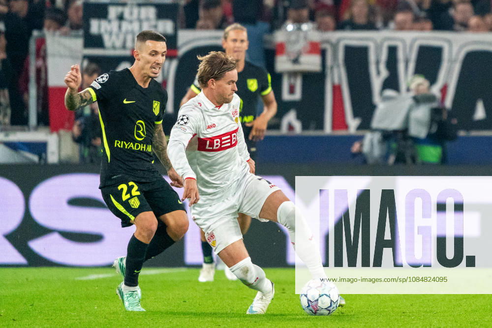 Maximilian Mittelstaedt (VfB Stuttgart, 07) in a duel against Alejandro Grimaldo (Atletico Madrid, 22) seen during UEFA Champions League 2026 2027 league phase game between teams of VfB Stuttgart and Atletico Madrid (Pia Schindler Ball Raw Images) Stuttgart MHP Arena Germany