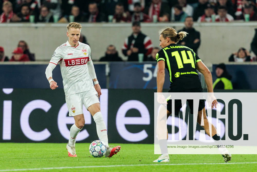 Chris Fuehrich (Führich, Fuhrich, VfB Stuttgart, 10) controls the ball against Marcos Llorente (Atletico de Madrid, 14) during the UEFA Champions League match between VfB Stuttgart vs. Atletico de Madrid at Arena Stuttgart on matchday 3 of the UEFA Champions League on October 20, 2026 in Stuttgart, Germany. Baden-Wuerttemberg Germany