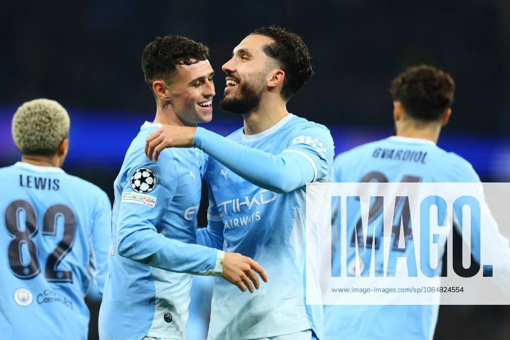 Rayan Cherki of Manchester City celebrates scoring to make it 3-1 with Phil Foden Manchester City v AEK Athens, UEFA Champions League, Football, Etihad Stadium, Manchester, UK - 20 Oct 2026Manchester Etihad Stadium United Kingdom