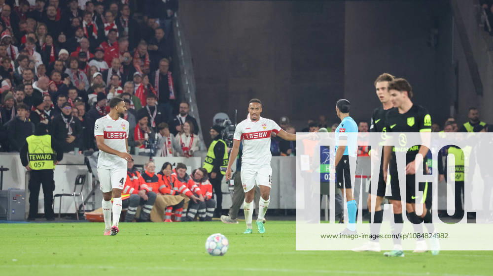 Fussball UEFA Champions League, VfB Stuttgart - Atletico Madrid v.l. Torjubel nach dem Tor zum celebrating the goal celebrate 1:0 durch Jamie Leweling (VfB Stuttgart) Stuttgart