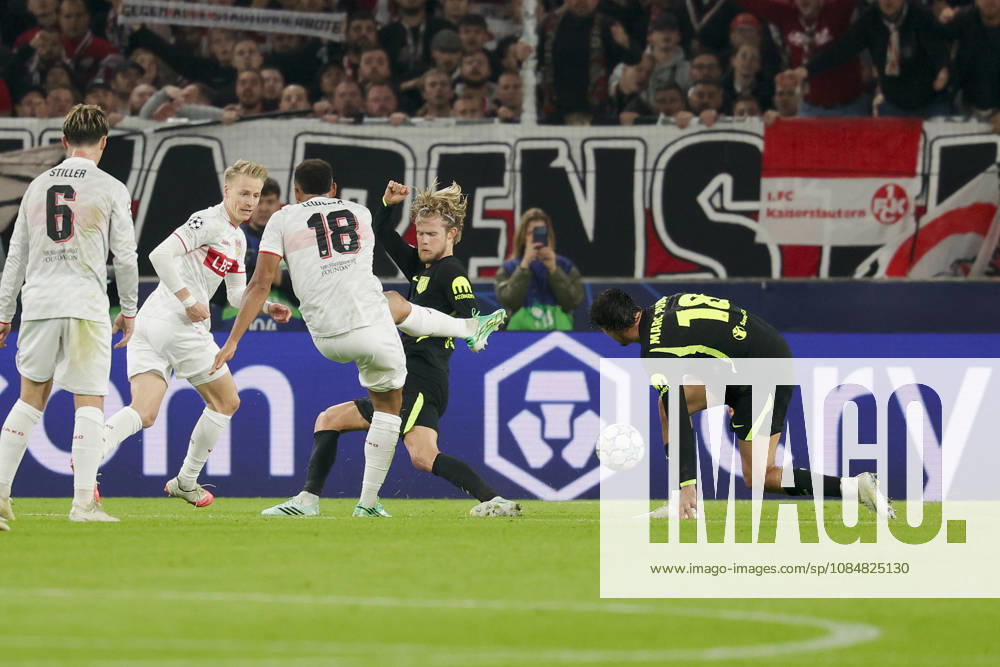 Im Bild: v.li. Angelo Stiller (VfB Stuttgart, 6), Chris Fuehrich (VfB Stuttgart, 10), Jamie Leweling (VfB Stuttgart, 18) mit dem Schuss zum 1:0-Tor, Morten Hjulmand (Atletico Madrid, 23) und Marc Pubill (Atletico Madrid, 18) versuchen dies vergeblich zu verhindern. 20.10.2026, VfB Stuttgart - Atletico Madrid, UEFA Champions League, 3. Spieltag, Deutschland, Stuttgart, MHP Arena, DFL REGULATIONS PROHIBIT ANY USE OF PHOTOGRAPHS AS IMAGE SEQUENCES AND OR QUASI-VIDEO.
