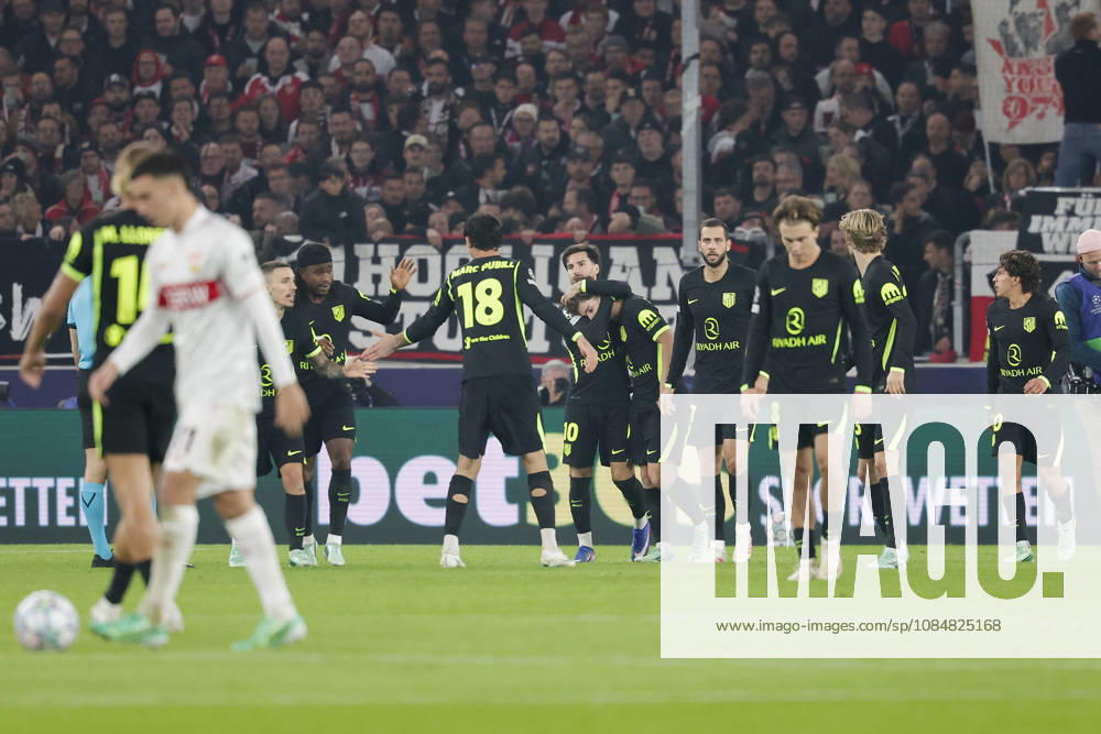 Im Bild: Jubel nach dem Tor zum 1:1 bei den Madrid-Spielern 20.10.2026, VfB Stuttgart - Atletico Madrid, UEFA Champions League, 3. Spieltag, Deutschland, Stuttgart, MHP Arena, DFL REGULATIONS PROHIBIT ANY USE OF PHOTOGRAPHS AS IMAGE SEQUENCES AND OR QUASI-VIDEO.