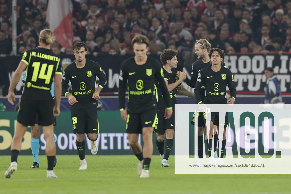 Im Bild: Jubel nach dem Tor zum 1:1 bei den Madrid-Spielern 20.10.2026, VfB Stuttgart - Atletico Madrid, UEFA Champions League, 3. Spieltag, Deutschland, Stuttgart, MHP Arena, DFL REGULATIONS PROHIBIT ANY USE OF PHOTOGRAPHS AS IMAGE SEQUENCES AND OR QUASI-VIDEO.