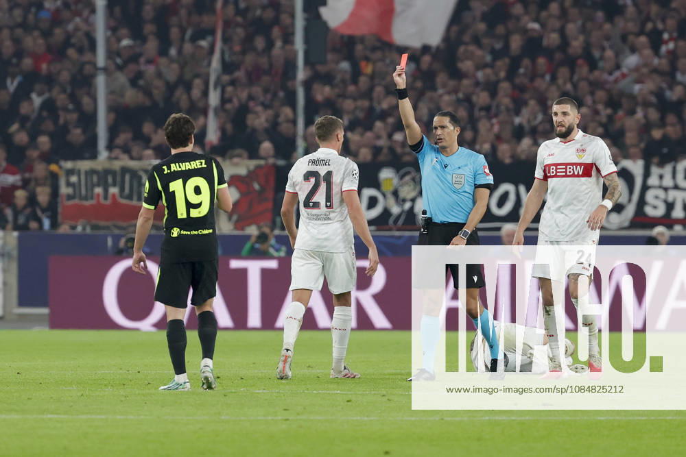 Im Bild: v.li. Julian Alvarez (Atletico Madrid, 19), Grischa Proemel (VfB Stuttgart, 21), Angelo Stiller (VfB Stuttgart, 6) am Boden und Jeff Chabot (VfB Stuttgart, 24), Rote Karte fuer Morten Hjulmand (Atletico Madrid, 23) - nicht im Bild 20.10.2026, VfB Stuttgart - Atletico Madrid, UEFA Champions League, 3. Spieltag, Deutschland, Stuttgart, MHP Arena, DFL REGULATIONS PROHIBIT ANY USE OF PHOTOGRAPHS AS IMAGE SEQUENCES AND OR QUASI-VIDEO.