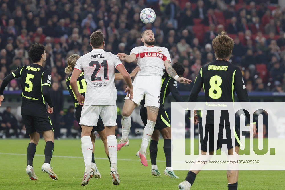 Im Bild: v.li. Johnny Cardoso (Atletico Madrid, 5), Marcos Llorente (Atletico Madrid, 14), Grischa Proemel (VfB Stuttgart, 21), Grischa Proemel (VfB Stuttgart, 21) mit dem Kopfball gegen Ademola Lookman (Atletico Madrid, 11) und Pablo Barrios (Atletico Madrid, 8) 20.10.2026, VfB Stuttgart - Atletico Madrid, UEFA Champions League, 3. Spieltag, Deutschland, Stuttgart, MHP Arena, DFL REGULATIONS PROHIBIT ANY USE OF PHOTOGRAPHS AS IMAGE SEQUENCES AND OR QUASI-VIDEO.