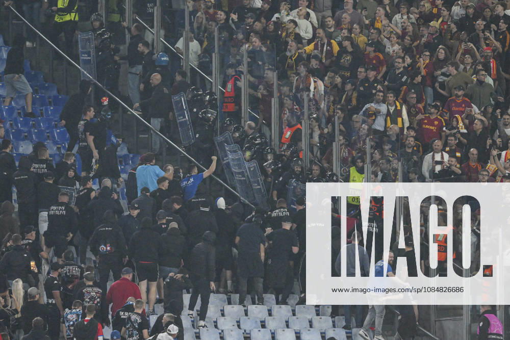 2026 Uefa Champions League 2026- 2027 Roma v Slovan Bratislava Oct 20 20 Oct 2026; Olimpico stadium, Roma, Italy; Uefa Champions League 2026- 2027 ; Roma versus Slovan Bratislava; clashes between fans in the stands Roma Lazio Italy