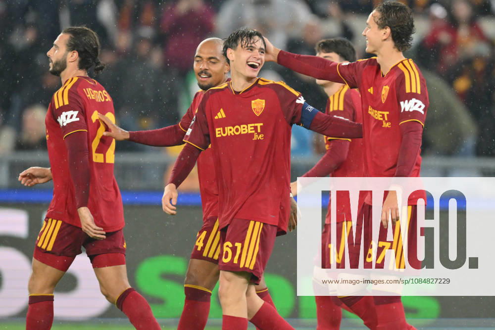 20th October 2026; Stadio Olimpico, Rome, Italy; UEFA Champions League Football, Roma versus Slovan Bratislava; Niccolo Pisilli of Roma celebrates scoring a goal 3-0 AllShotLive