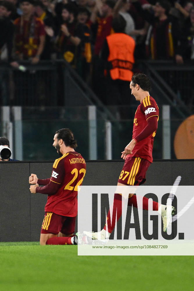SOCCER - UEFA Champions League - AS Roma vs. Slovan Bratislava Photo by IPA ABACAPRESS.COM89963155 - Mario Hermoso of A.S. Roma celebrates after scoring the goal that made the score 1-0 during the UEFA Champions League Matchday 3 soccer match between A.S. Roma and S.K. Slovan Bratislava at the Olympic Stadium on October 20, 2026, in Rome, Italy. Rome Italy