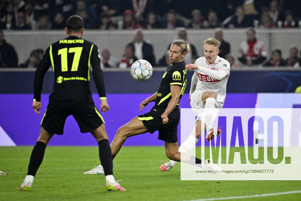 Torschuss Aktion Torchance Chris Fuehrich VfB Stuttgart (10) gegen Marcos Llorente Atletico de Madrid (14) David Hancko Atletico de Madrid (17) Champions League VfB Stuttgart vs Atletico Madrid 20.10.2026 DFL REGULATIONS PROHIBIT ANY USE OF PHOTOGRAPHS AS IMAGE SEQUENCES AND OR QUASI-VIDEO Champions League VfB Stuttgart vs Atletico Madrid